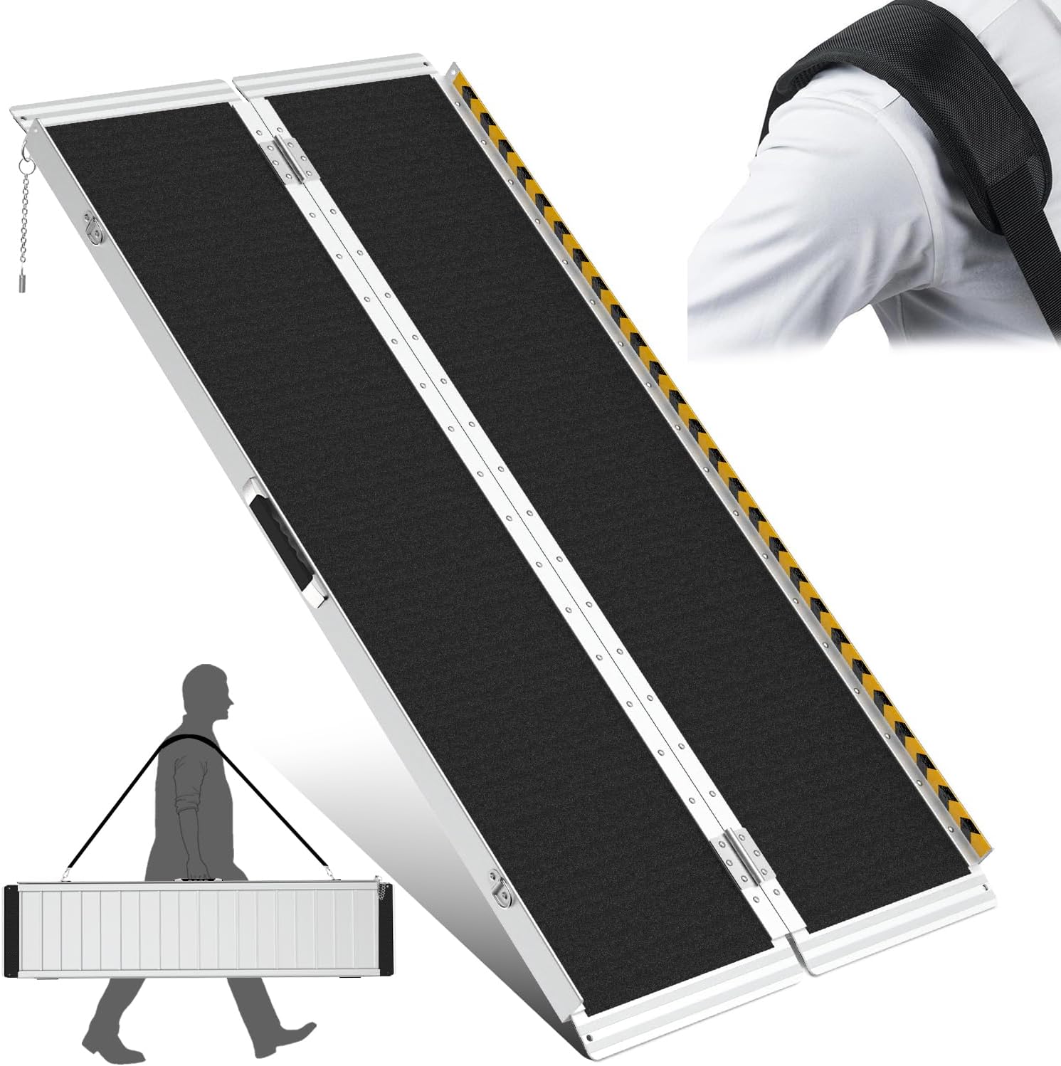 Wheelchair Ramp 5FT | Load-Reducing Shoulder Strap | Portable Wheelchair Ramp | Wheelchair Ramps for Home, Steps, Stairs, Doorways | Handicap Ramp | Non-Slip, Foldable, Aluminum, 800lbs Capacity