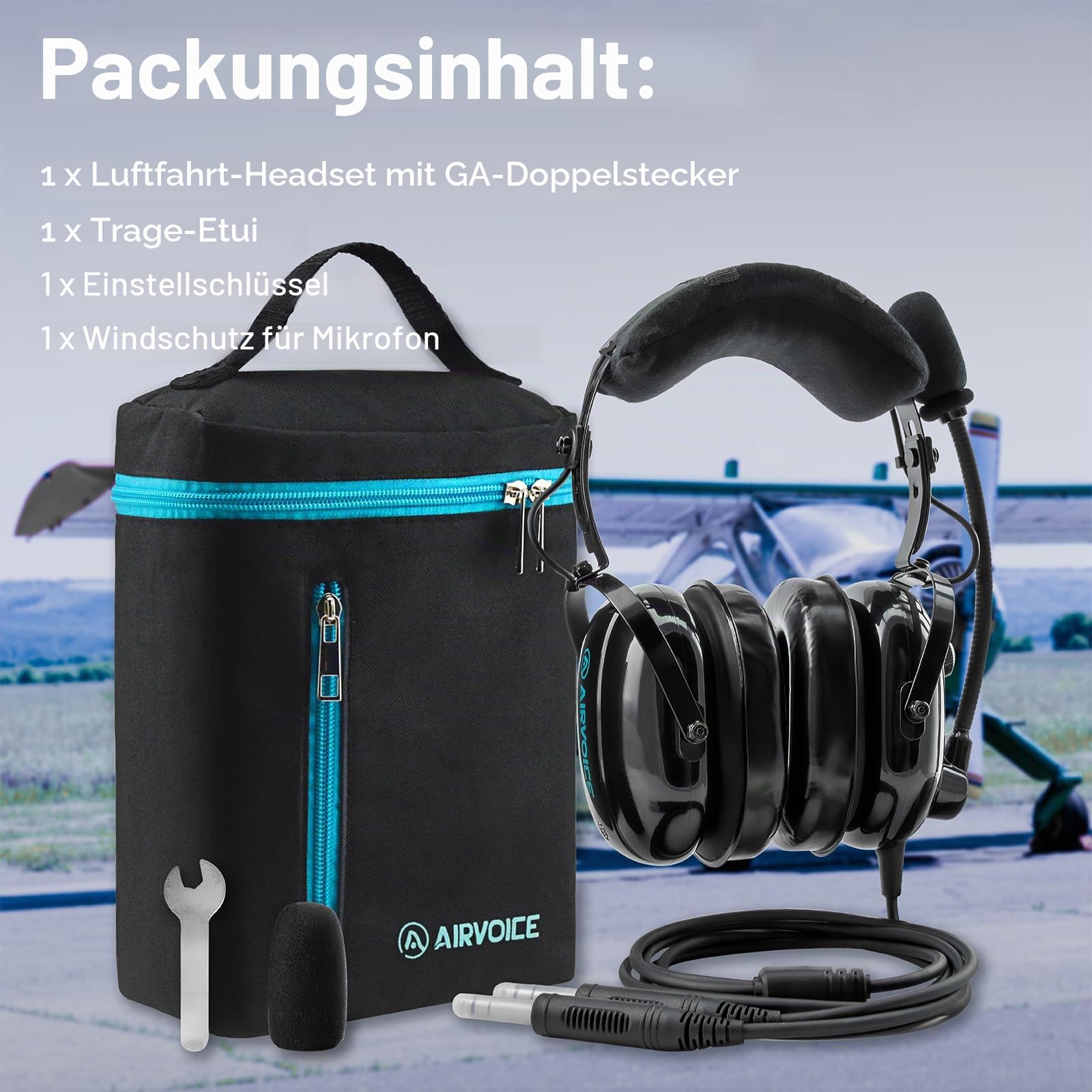 AIRVOICE Aviation Headset mit Geräuschunterdrückungsfunktion, für Piloten mit bequemen Ohrpolstern und flexiblem Mikrofon, PNR Luftfahrt-Headset für Piloten mit Tragetasche