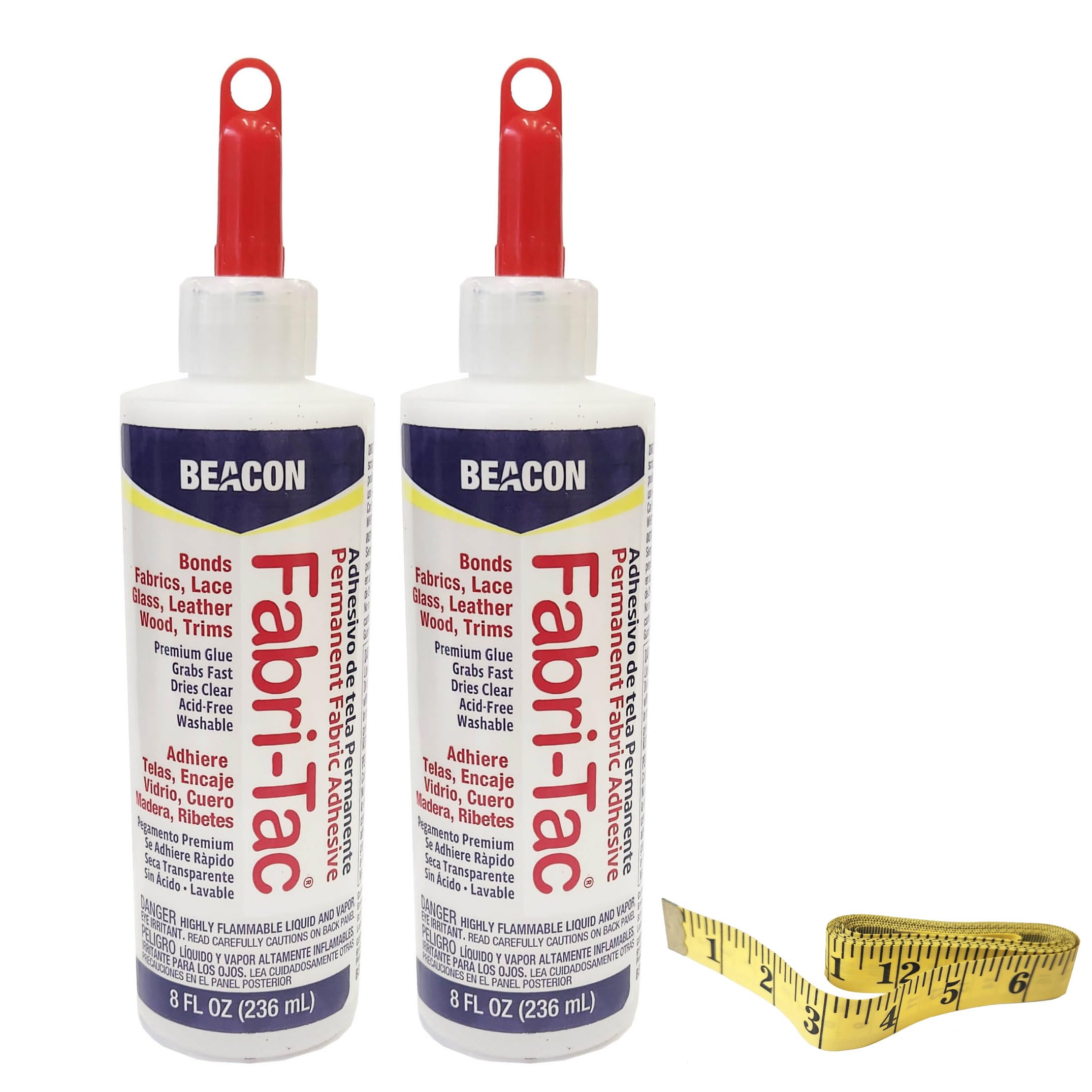 Beacon Fabri-Tac Permanent Adhesive, 8 Ounce Bottle - Premium Crafting & Fabric Glue (2) with One Vista Vinyl 60-Inch Soft Tape Measure