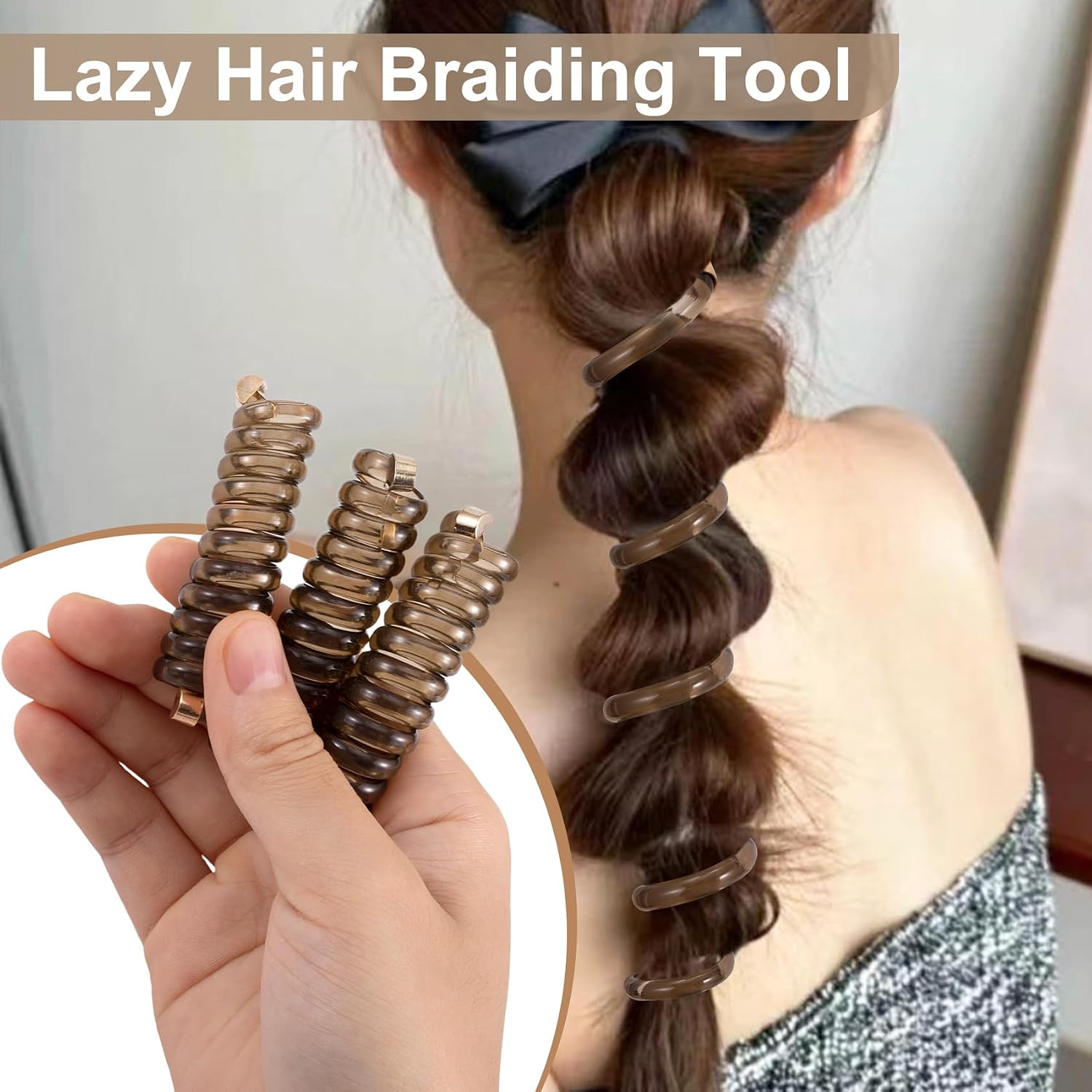 3 Pcs Spiral Hair Ties for Women, Braid Ponytail Band Stylish Phone Cord Hair CoilsLong Spiral Hair Ties, Elastic Spirals Hair Tie (Brown)