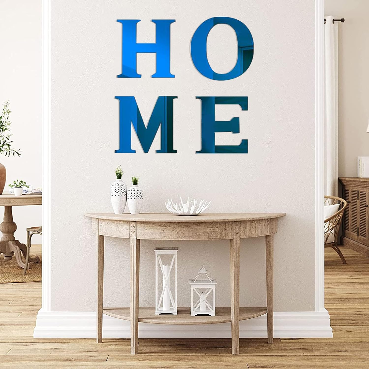 CREATCABIN 4Pcs Acrylic Mirror Home Sign Letters 3D Wall Sticker Wall Art Decals Decor Self Adhesive Removable Eco-Friendly for Home Kitchen Bedroom Living Room Bathroom Decoration Blue