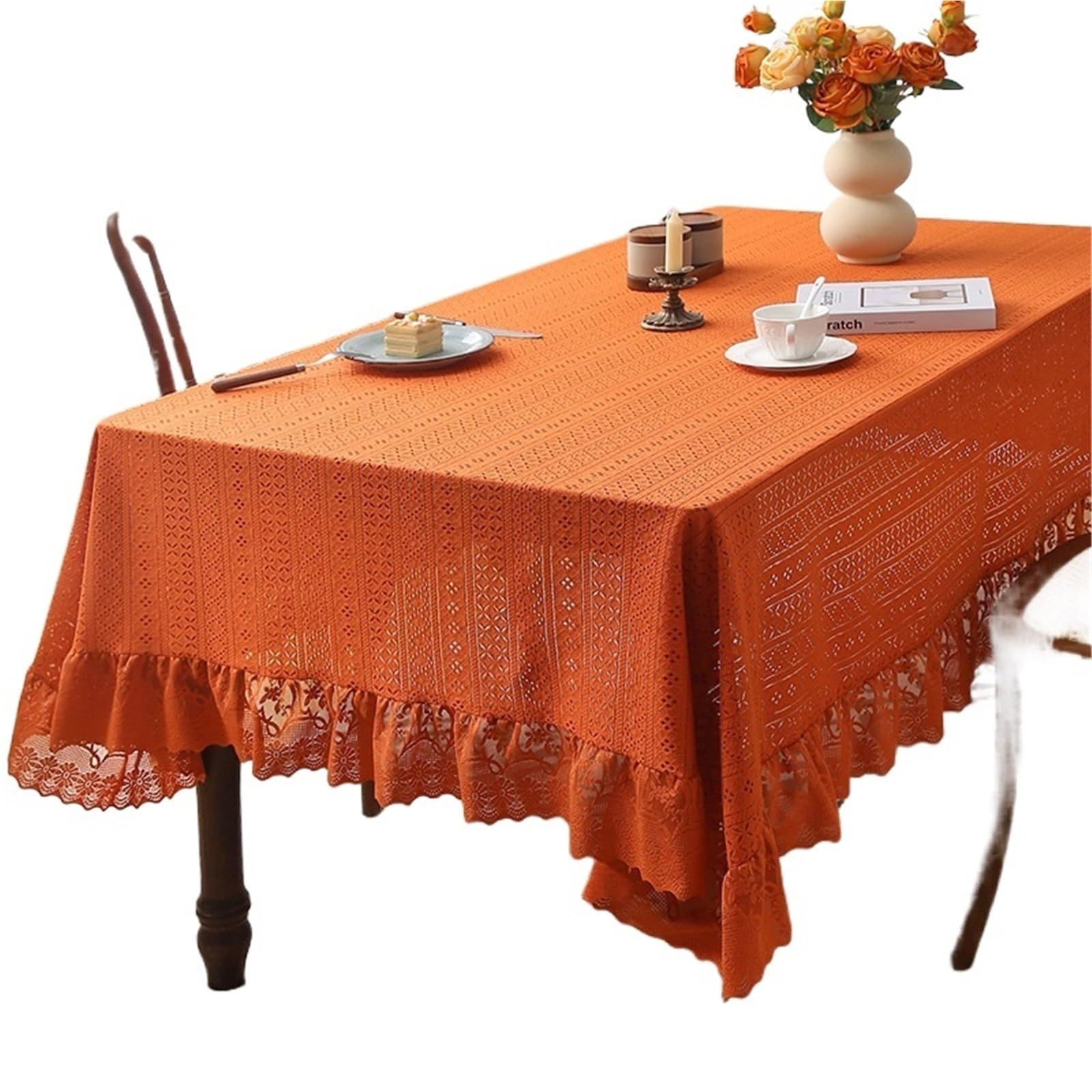 VIOLDHHJK Lace Tablecloth Lace Tablecloth Elegant Rectangle Dustproof Cover For Wedding Birthday Party Table Decoration(Orange,140x100cm)