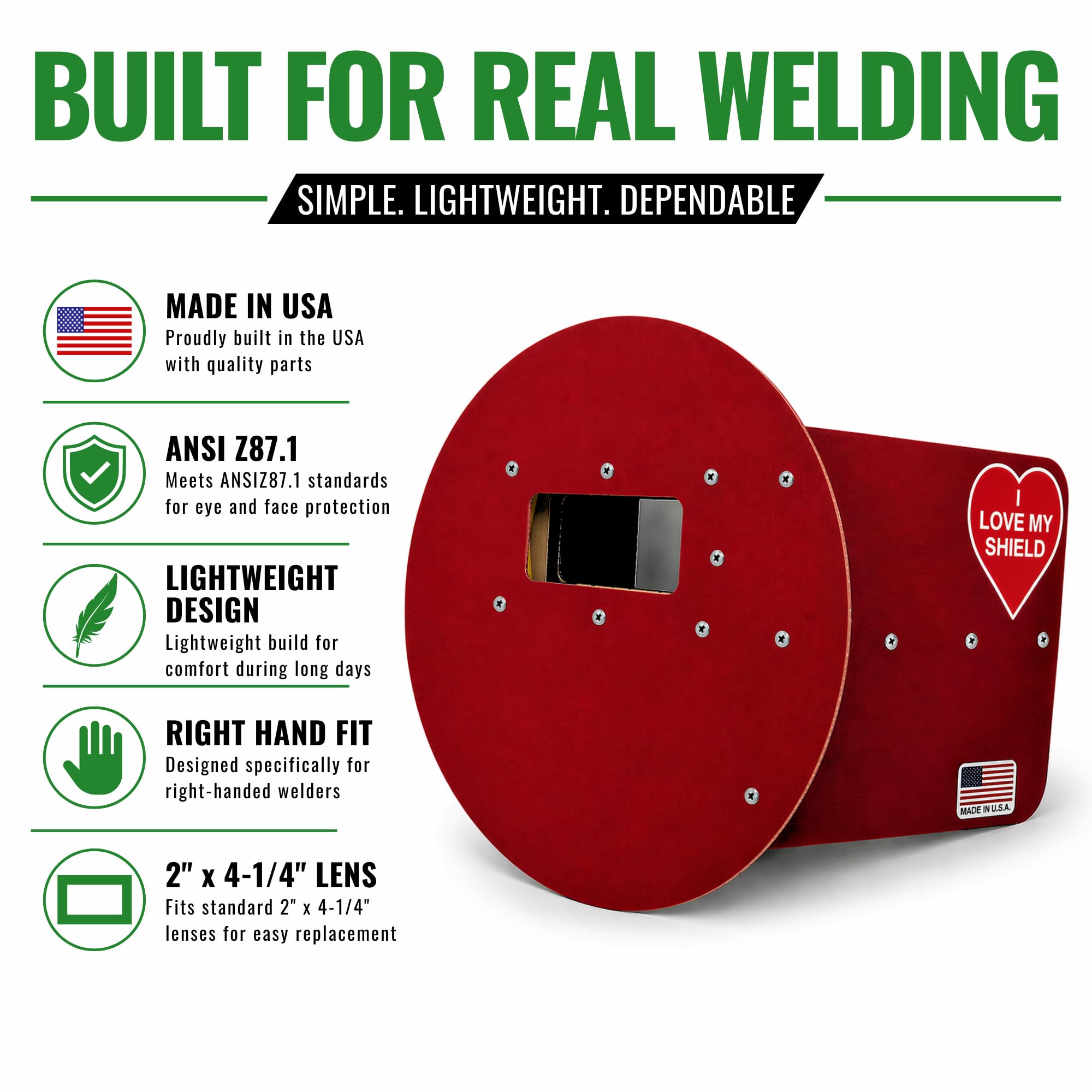 Capucha de soldadura roja para panqueques para diestros, escudo de soldadura de lente de 2 x 4-1/4 pulgadas, ANSI Z87.1, perfil bajo ligero
