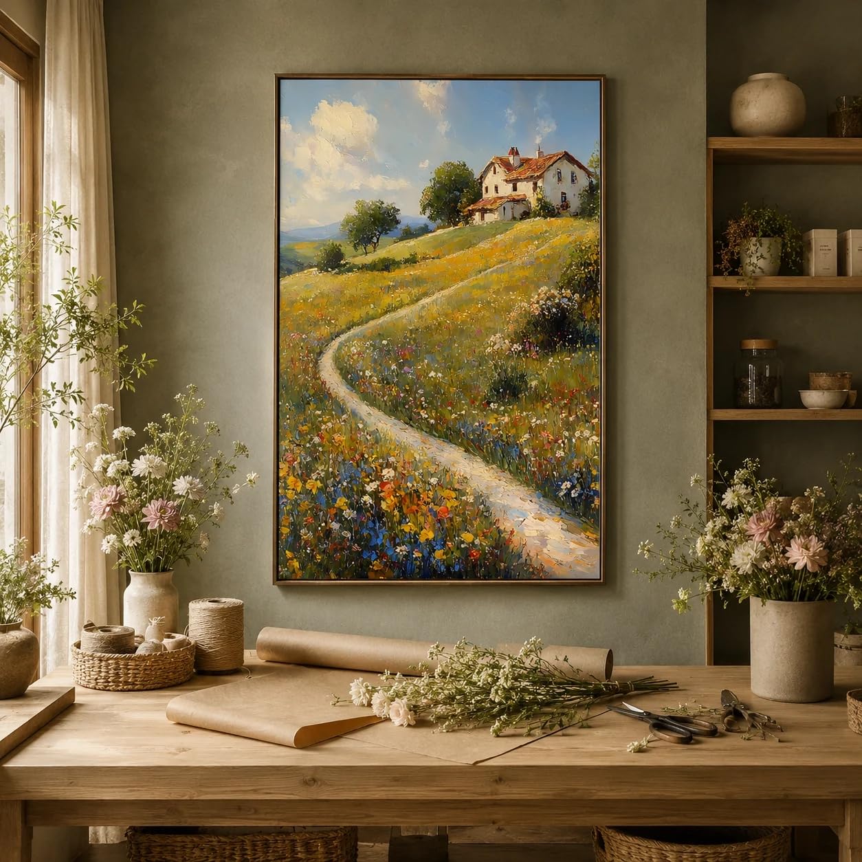 Cuadro decorativo de paisajes, pintura nórdica sobre lienzo con motivos botánicos, póster botánico de flores silvestres para la decoración del dormitorio y la sala de estar (20x30cm x 3/marco interno)