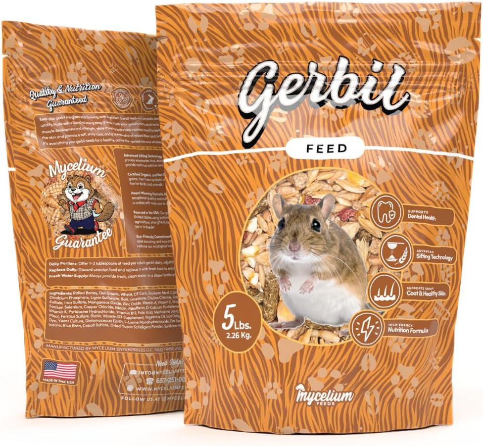 Mycelium Gerbil Feed 5 lb Bag | Organic Gerbil Food for Dental Health, Skin & Coat | High-Protein Balanced Nutrition with Vitamins and Minerals | Non-GMO, USA Made & Dust-Free Blend