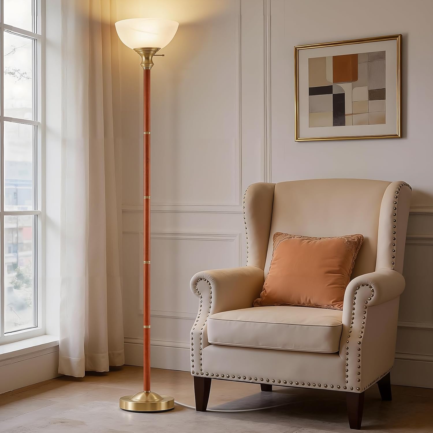 Wood Floor Lamp for Living Room - Gold Standing Lamp with Glass Shade Torchiere Floor Lamps for Bedroom - Mid Century Modern Corner Tall Lamps for Home Office Nursery Industrial Reading Light