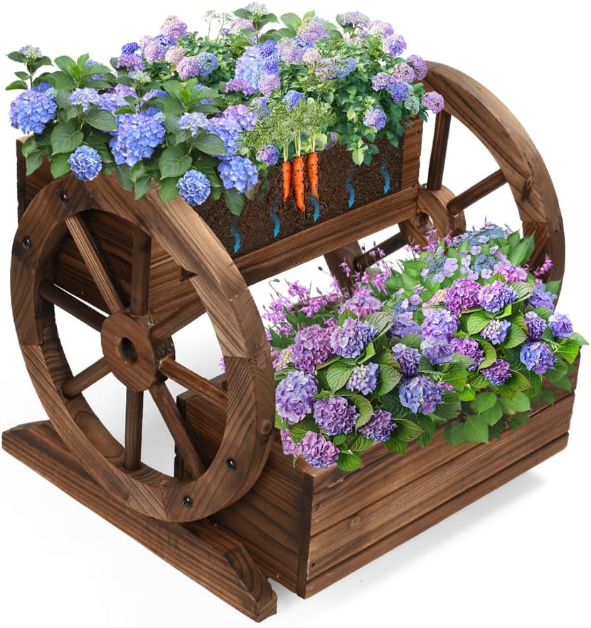 Wooden Wagon Planter Box, Garden Planter with Wheels,Decorative Planter for Flowers Herbs Vegetables for Indoor & Outdoor Decor, Flower Cart for Patio Garden Balcony