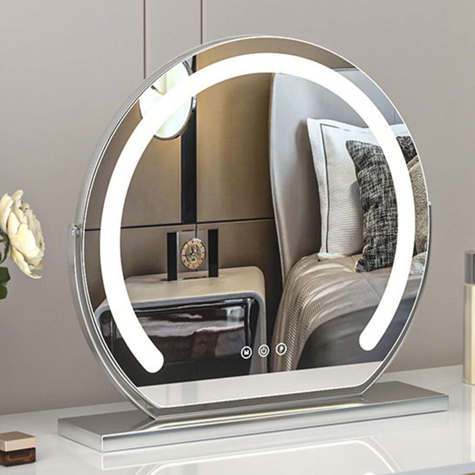 FGXHHS with Lights - LED Vanity Anti-Fog Technology,3 Color Temperatures (3000K/4500K/6000K),360° rotatable,Dimmable,Shatterproof Tempered Glass,Wall Mounted Silver Diameter 50cm