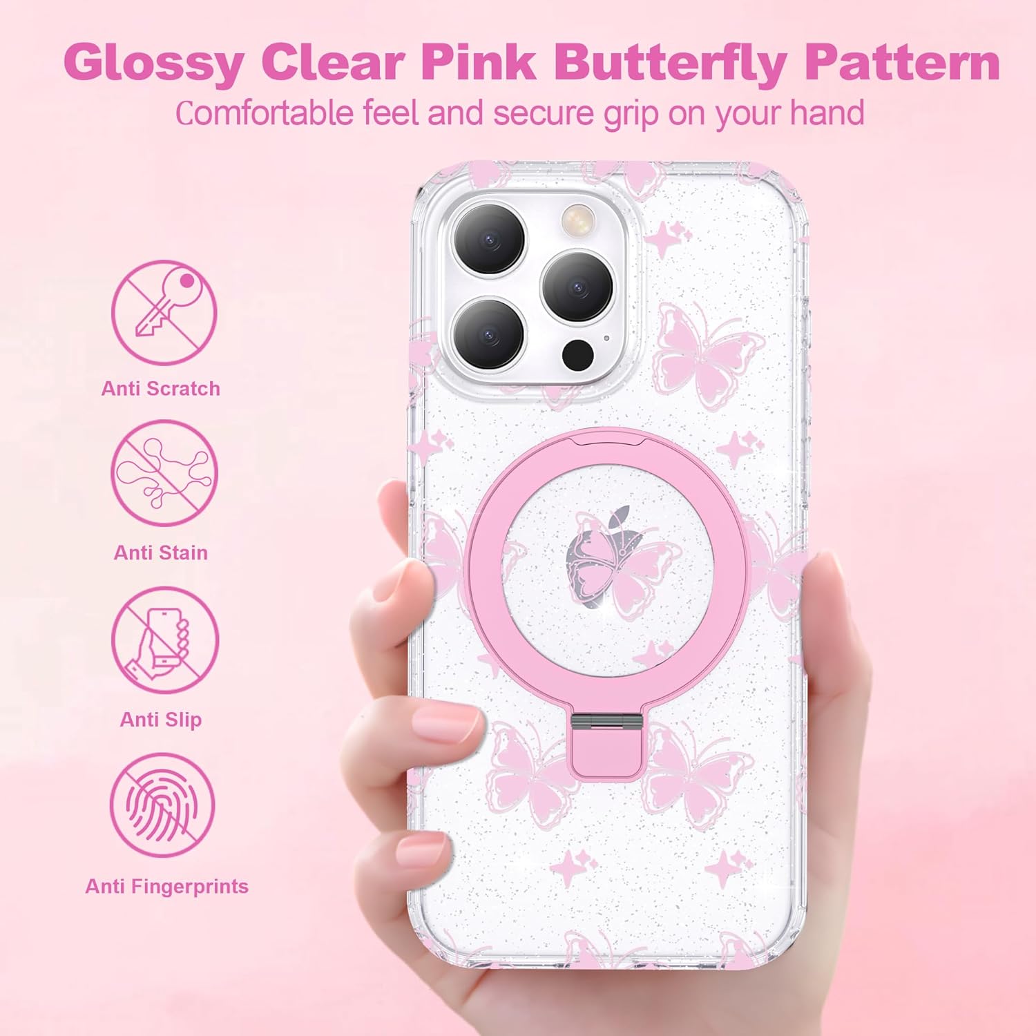Compatible with iPhone 14 Pro Max Case Clear Pink Butterfly Pattern Design with Magnetic Ring Stand [Compatible with Mag-Safe] Cute Soft TPU Shockproof Protective Phone Case for Women, Pink - Image 5