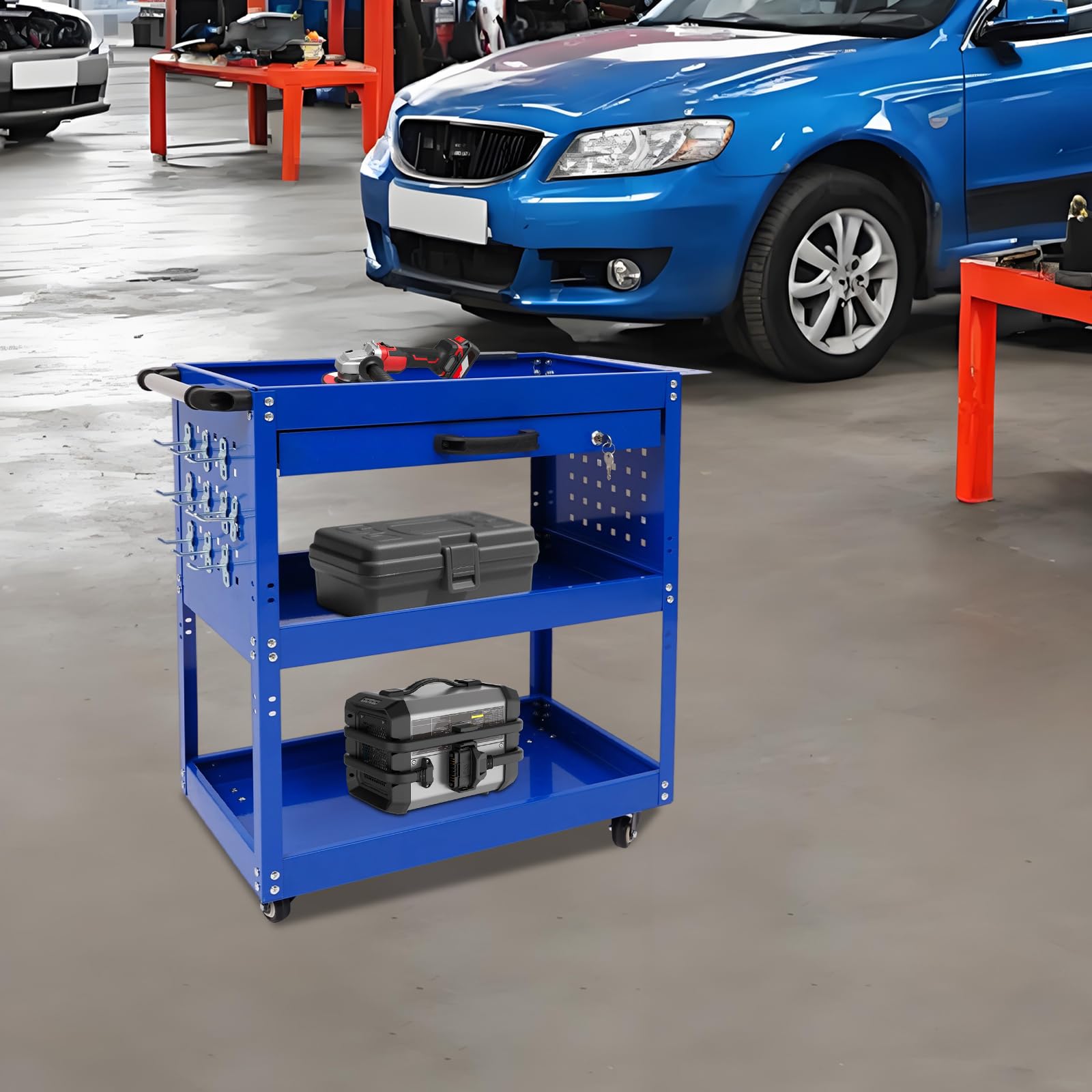 Carro de taller de 3 pisos, carro de taller móvil, carro con ruedas de metal con cajones y ruedas con frenos, carro de taller con caja de almacenamiento y llave, para mantenimiento de automóviles