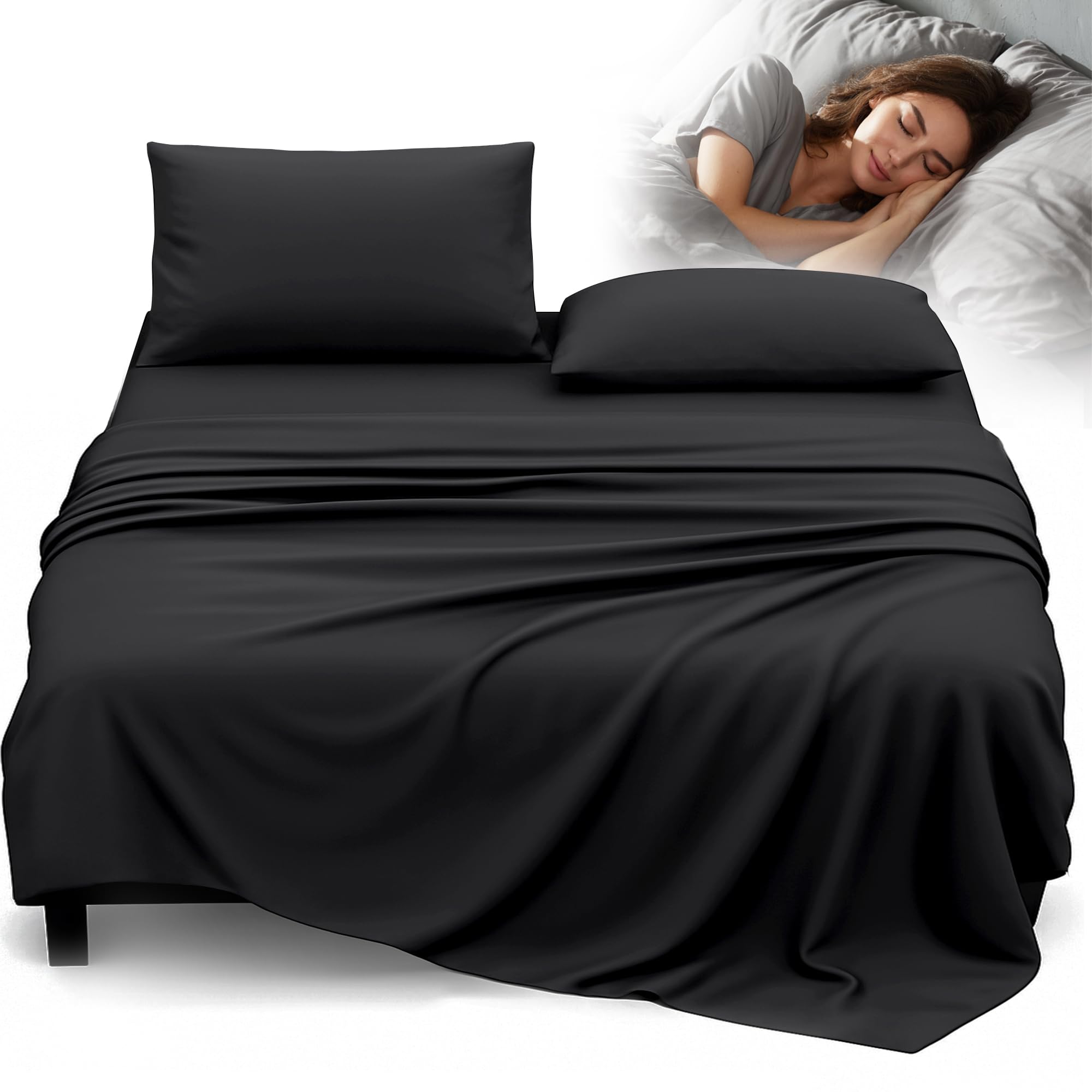 Silver Infused Bed Sheets, Cooling Fabric with Self-Cleaning Technology for Restful Sleep (Black, Queen)