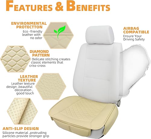 Miniatura 6 de Elantrip 2 fundas de asiento de automóvil de piel sintética beige con acolchado cómodo y bolsillos de almacenamiento, impermeables, antideslizantes,