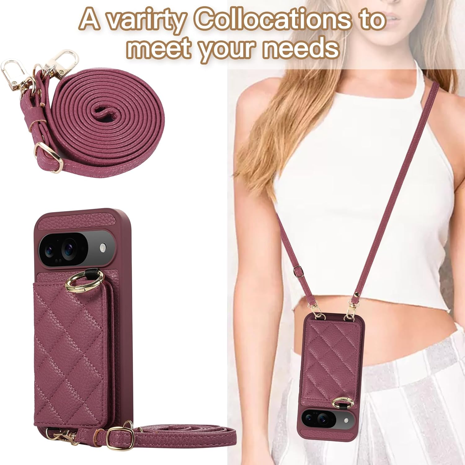 Case for Google Pixel 10 Pro XL Shockproof Phone with Adjustable Necklace RFID Wallet Case Card Tray with Band Ring Stand Makeup Mirror Cover - Rose Red
