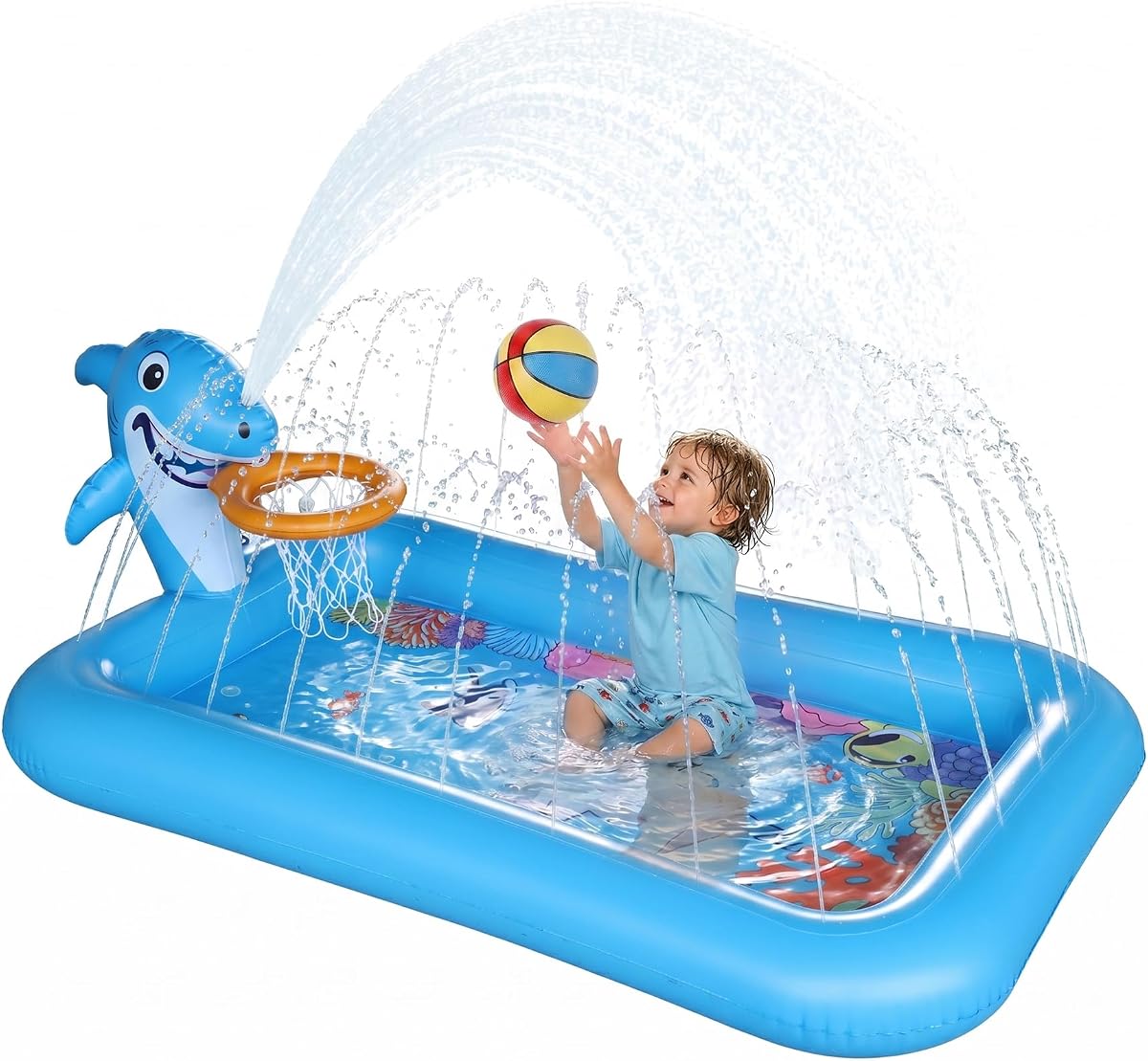 Splash Pad with Basketball Hoop - Shark Inflatable Kiddie Pool for Babies Toddlers, Sprinkler Play Mat for Kids, Outdoor Water Toys for Garden & Backyard