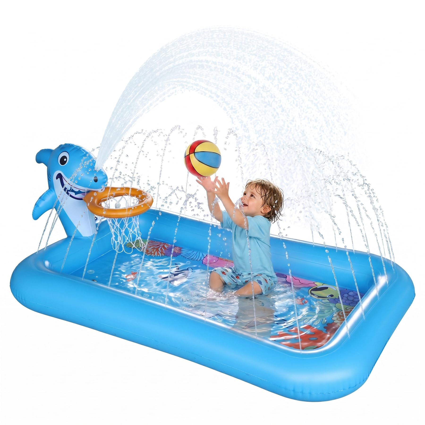 Splash Pad with Basketball Hoop - Shark Inflatable Kiddie Pool for Babies Toddlers, Sprinkler Play Mat for Kids, Outdoor Water Toys for Garden &amp; Backyard