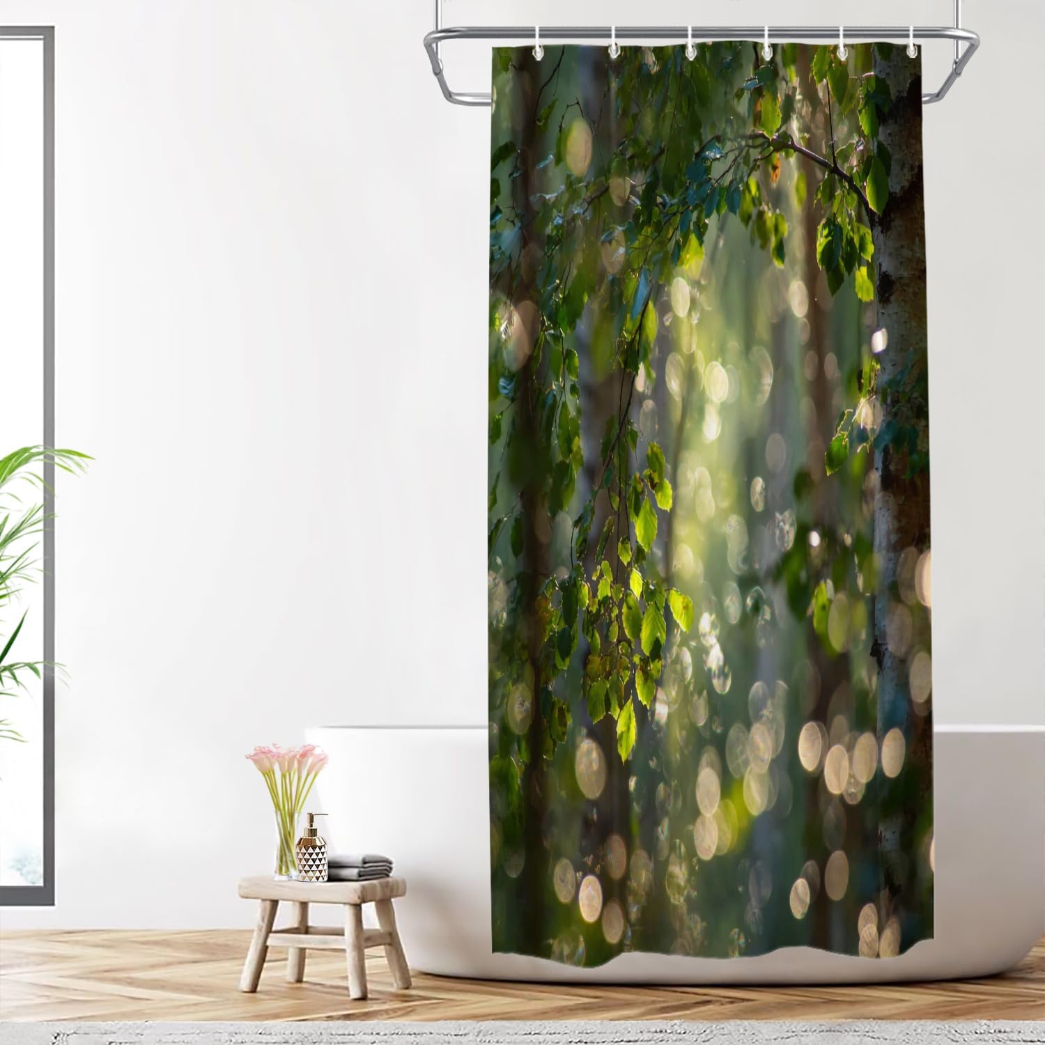 Shrahala Sunlight Forest Decorative Shower Curtain, Birch Forest With Dappled Light Bathroom D cor Polyester Fiber Waterproof With Plastic Rings for Shower Stall Bathtubs 72 x 36 in