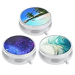 3 Pack Pill Box, Small Pill Case for Purse & Pocket, Cute Travel Medicine Organizer, Portable Medicine Container Holder to Hold Vitamins, Medication, Fish Oil & Supplement, Beach & Galaxy