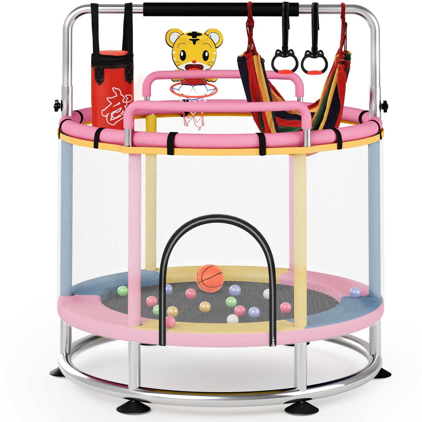 Trampoline pour enfants, 150 cm, charge maximale : 250 kg, barre de gymnastique réglable en 3 positions, filet de sécurité, base antidérapante, balançoire, sac de sable