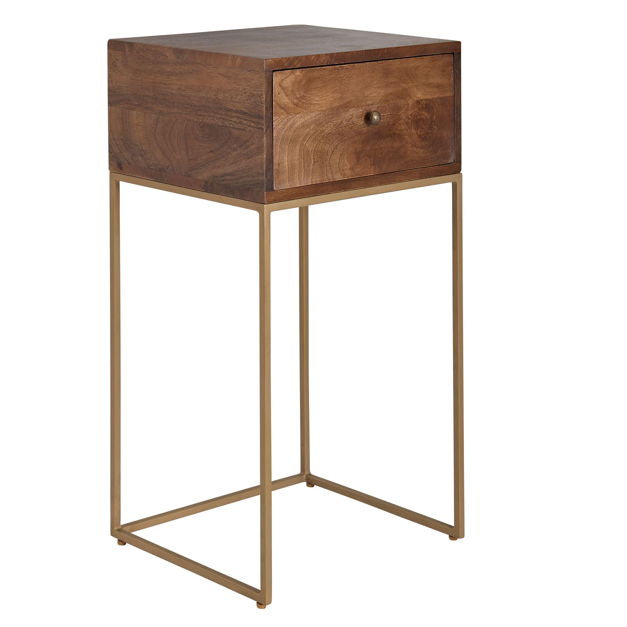 FineBuy mesita de Noche Mango Madera Maciza/Metal 40x75,5x35 cm mesita de Noche somier Cama | Mesita de Noche de diseño con cajón | Mesita de Noche con Espacio de Almacenamiento.