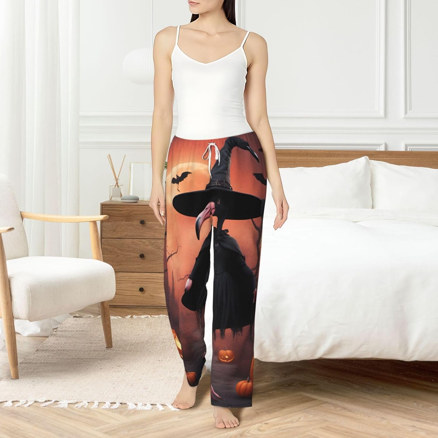 Halloween Flamingo Witch Hat Print Women'S Flannel Pajama Pants,Soft Warm Pajama Bottoms,Perfect For Holiday Lounging