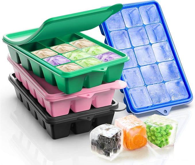 Silicone Ice Cube Trays With Lids 4 Packs, Lxndaser Easy Release Silicone Ice Cube Molds for Cocktail, 60 Grids Leak-Proof Stackable Square Ice Trays for Freezer, Whisky, Baby Food,coffee,soup