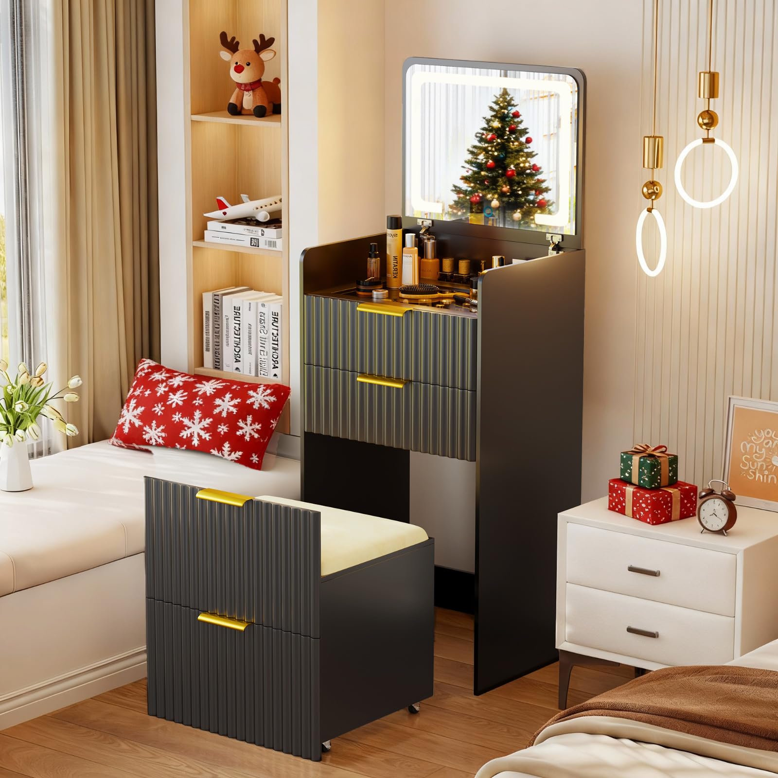 Lvifur 3 in 1 Small Vanity Desk with Plip Top Mirror,Black Makeup Vanity Set with Visible Glass Desktop,Compact Vanity with 3 Drawers,Storage