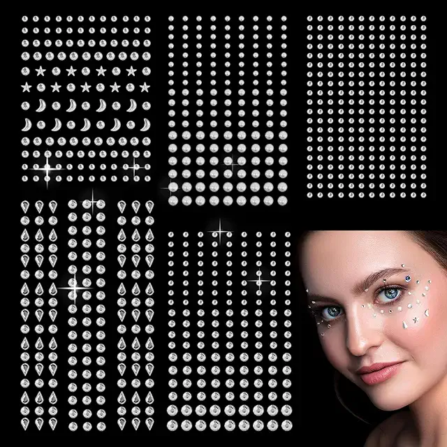 850 Pz Brillantini Make Up, Strass Autoadesivi per Viso, Corpo e Unghie - Adesivi Strass
