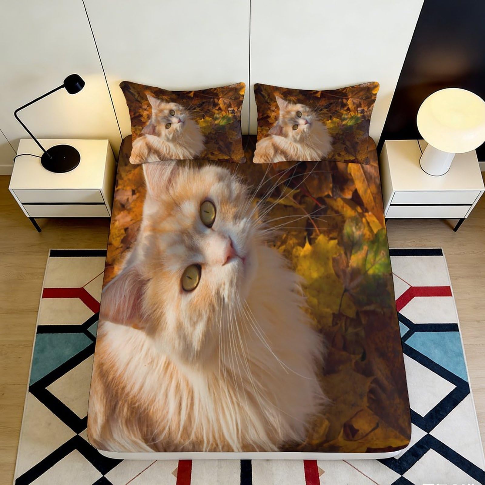 3D Printed Autumn Cat Fitted Sheet Microfiber Soft Breathable Fall Leaves Bed Cover for Bedroom Dormitory Guest Room Mattress Protection Decor 160x200x25cm