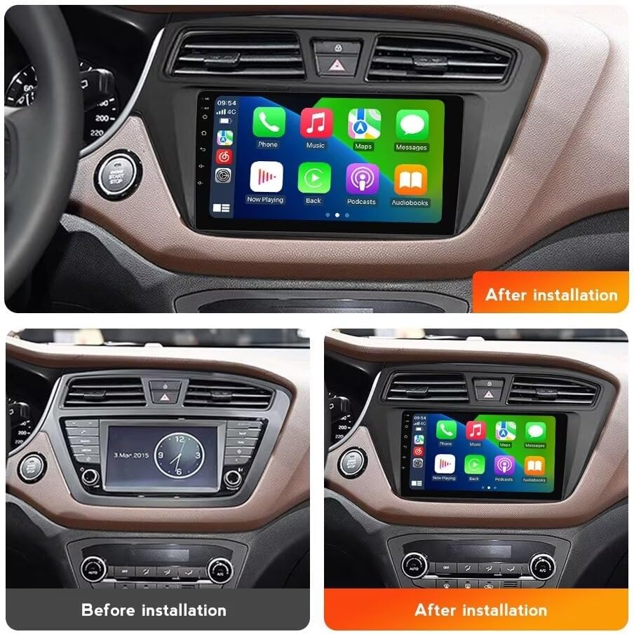 Comparison image showing a car dashboard with the original radio (before installation) and the same dashboard with the new 9-inch AZUIQiMeng Car Radio Stereo installed (after installation).