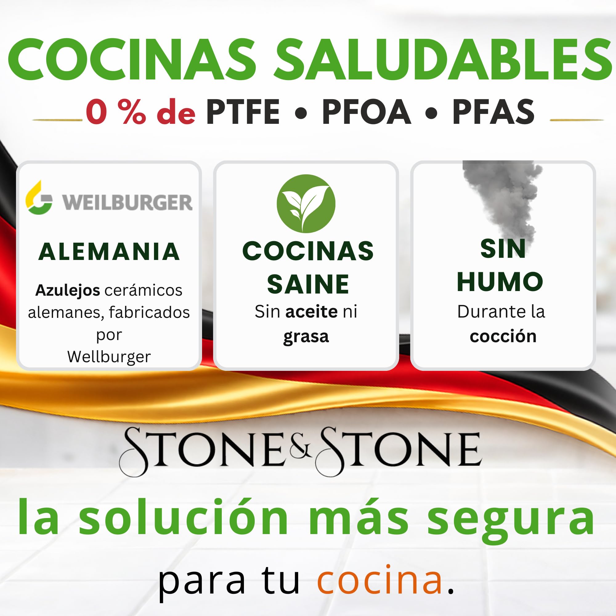 Stone&Stone Sartén Grill 28 cm Cuadrada Inducción Antiadherente con Mango Extraíble, Revestimiento Cerámico Alemán, Base de Acero Completo, Apta para Inducción, Gas y Horno, Sin PFAS, PFOA ni PTFE