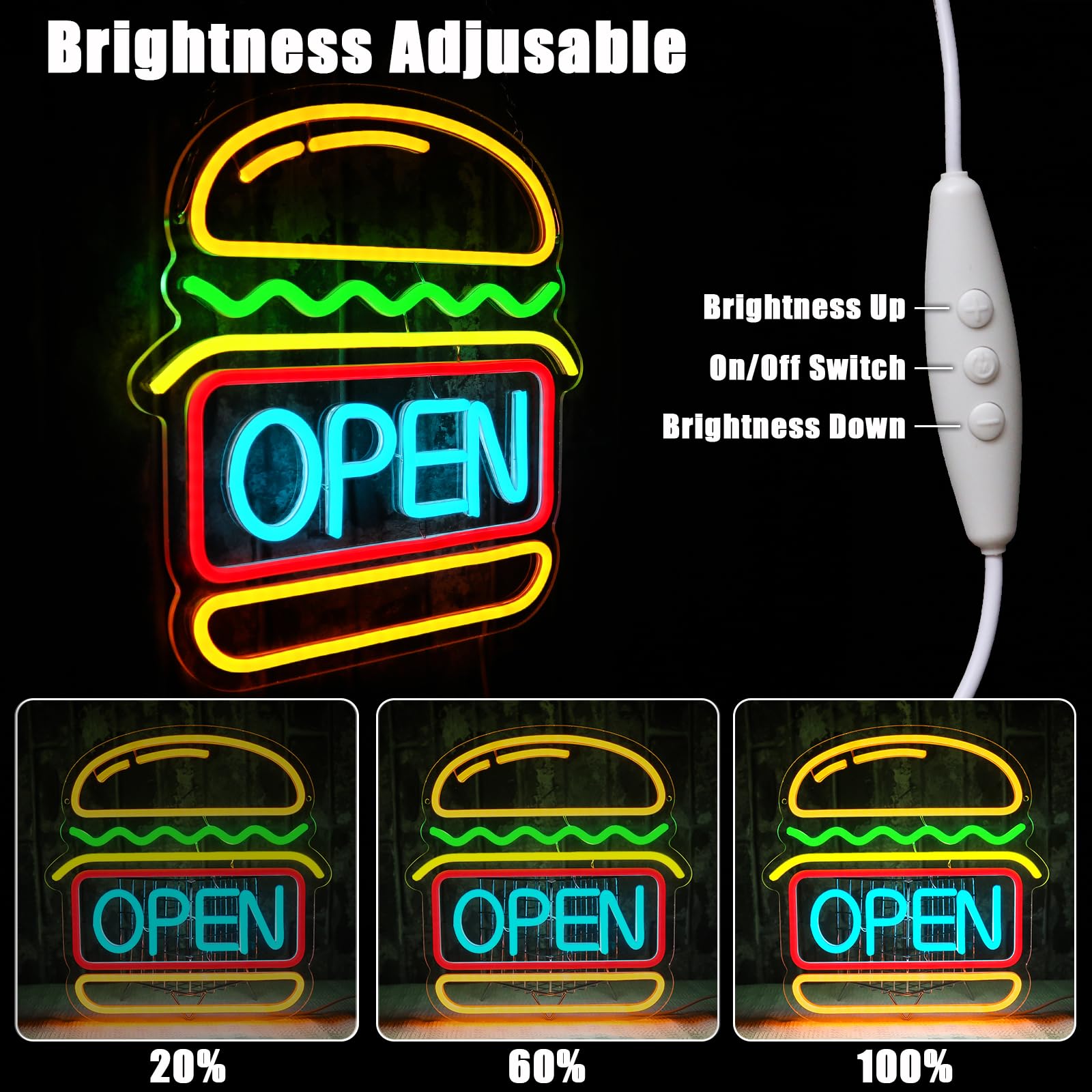 Abierto de neón de señal de hamburguesa de neón de luz para la decoración de la pared Led Abierto de señal para Burger Shop Fast Food Shop Negocios Restaurante Tienda