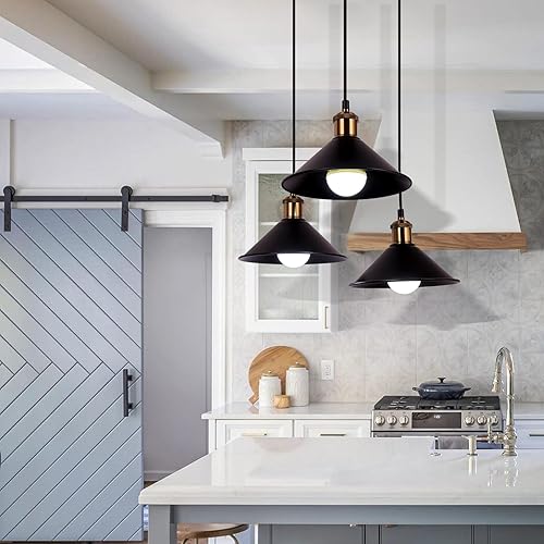 Miniatura 6 de FIRVRE Lámpara colgante industrial de 3 luces, luces colgantes de metal ajustables negras, enchufe de base E26, lámpara colgante de techo para