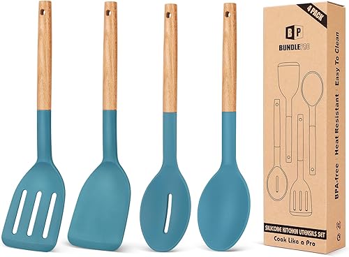 Miniatura 12 de Paquete de 4 utensilios de cocina de silicona, espátulas antiadherentes y cucharas ranuradas resistentes al calor con mango de madera, juego de