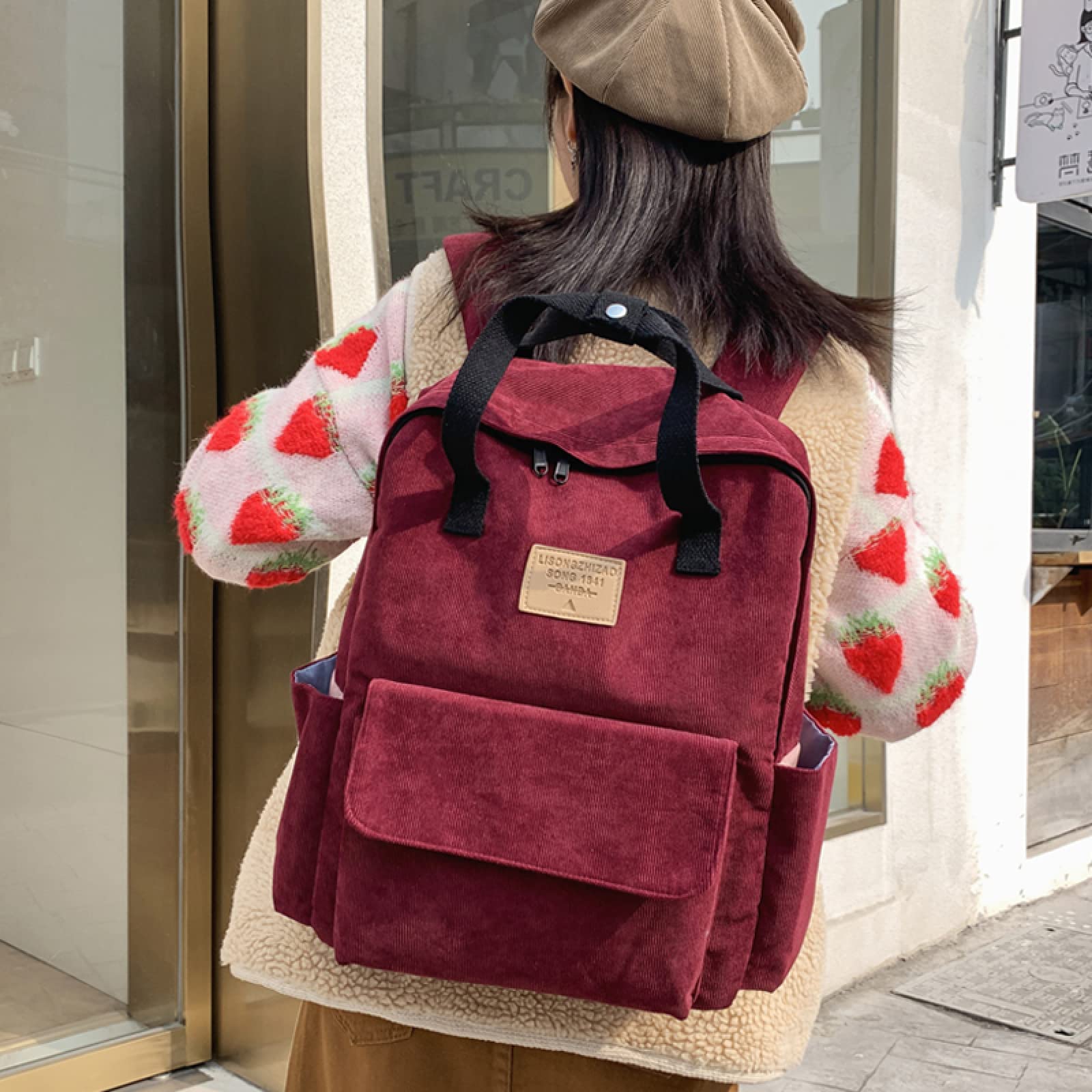 Niedliche Damen Cord Rucksack weibliche einfarbig gestreifte Schultasche College Student Rucksack Mädchen Reisetasche Handtasche