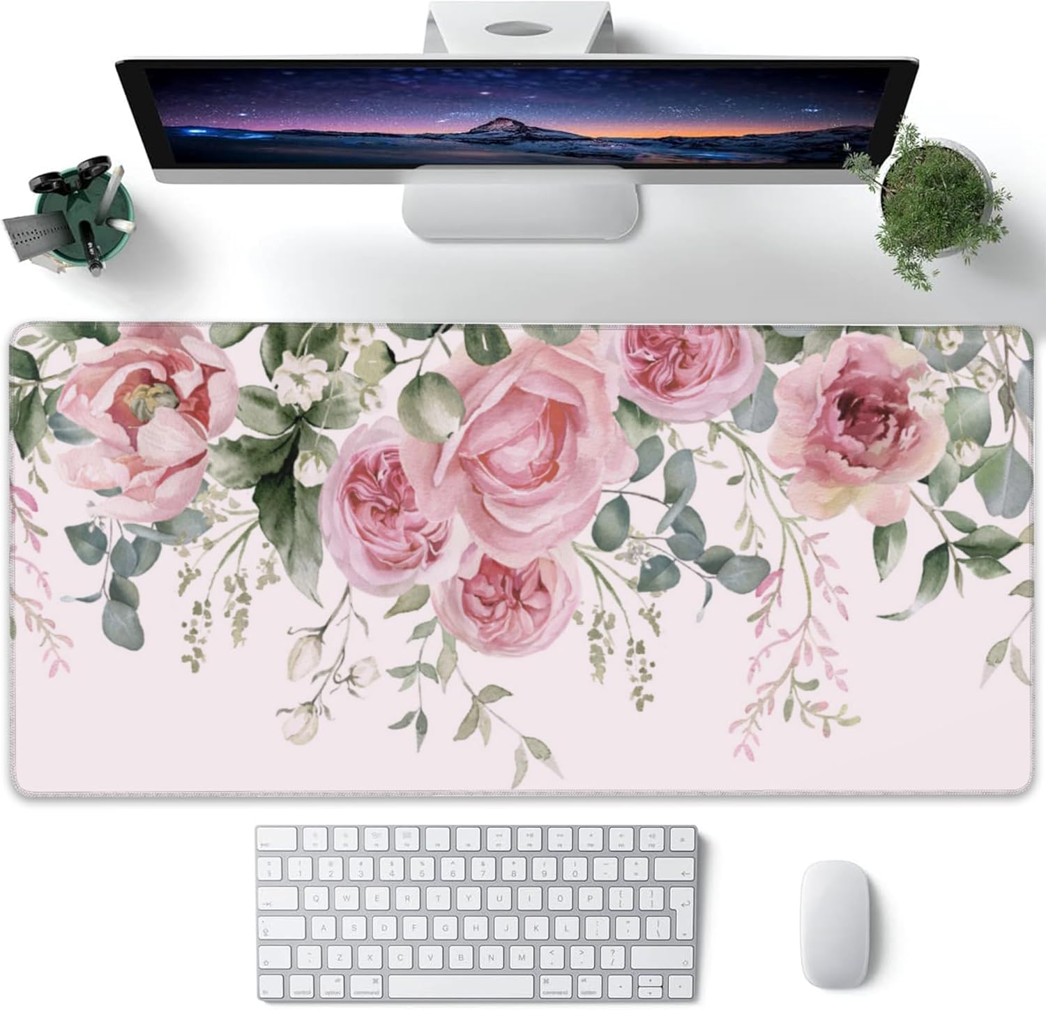 XXL Mouse Pad, Pink Peony Flowers Eucalyptus Green Leaves Large Desk Mat for Desktop, Extended Large Gaming Mouse Pad Mouse Mat with Non-Slip Rubber Base Stitched Edges for Home Office 35.4"X15.7"