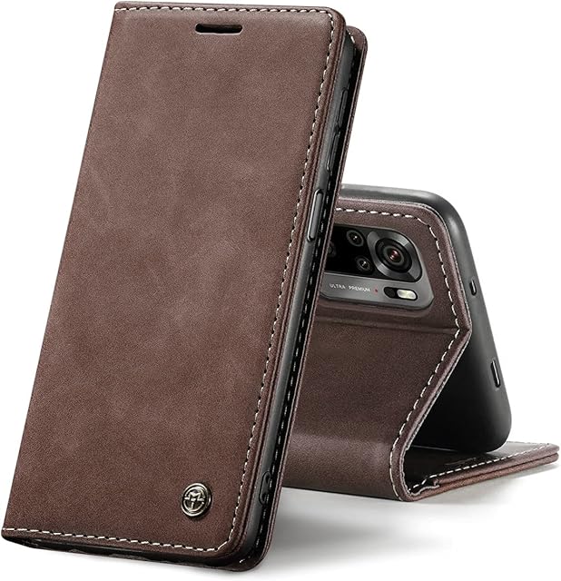 Chocoyi Leather Case for Xiaomi Redmi Note 10 4G/Note 10S, Protective PU Leather Wallet Case, Magnetic Closure, Card Slots, Stand Function - Coffee