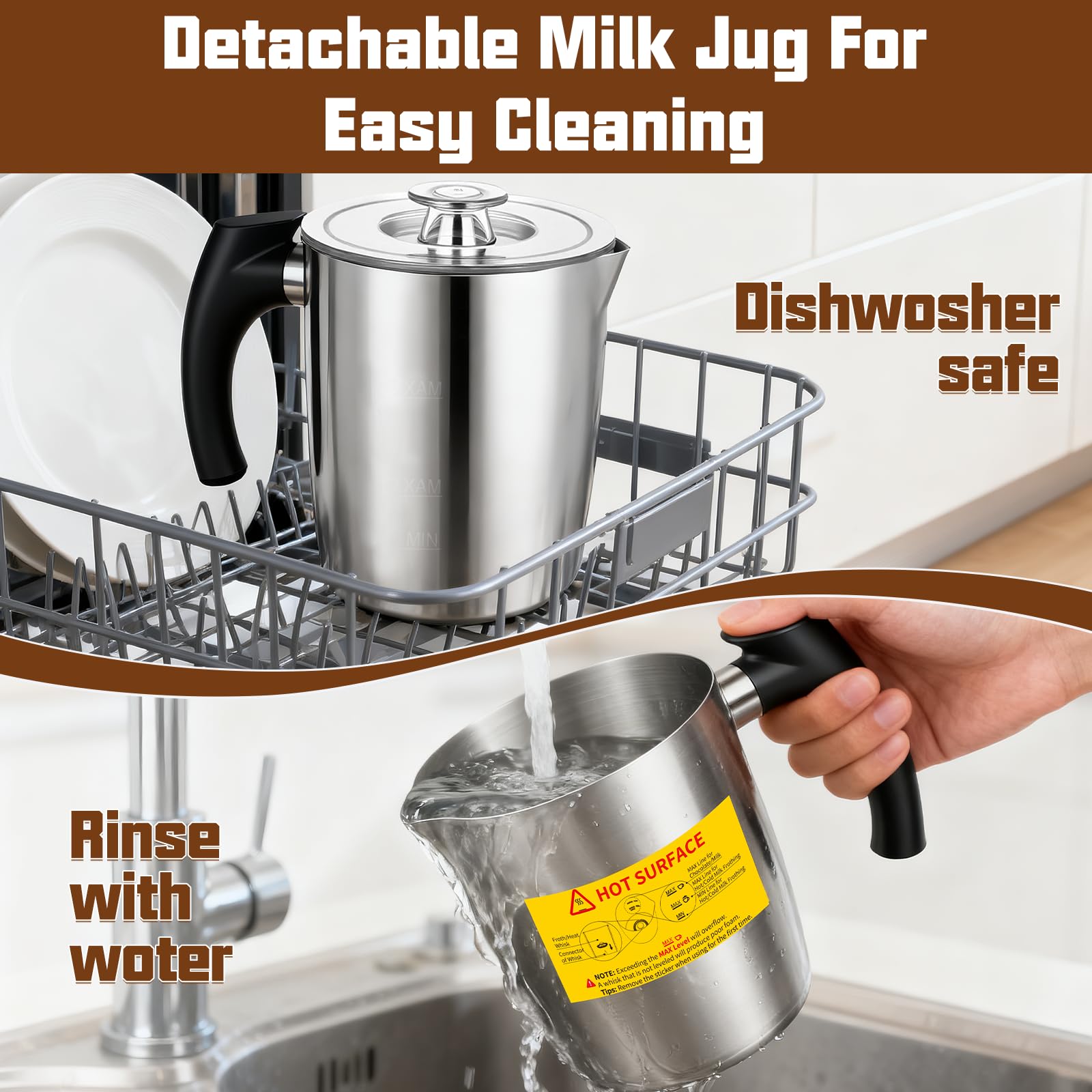 Mousseur à lait électrique – Mousseur 5-en-1, Pichet en acier inoxydable 500 ml, bol amovible et compatible lave-vaisselle, contrôle de la température, pour lait chaud et froid, cappuccino, latte