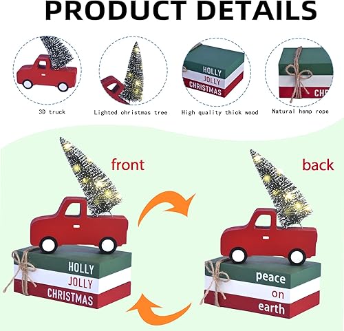 Miniatura 2 de Decoraciones navideñas para el hogar, 4 piezas de decoración de bandeja escalonada de Navidad con camión rojo de madera, árbol iluminado por LED y