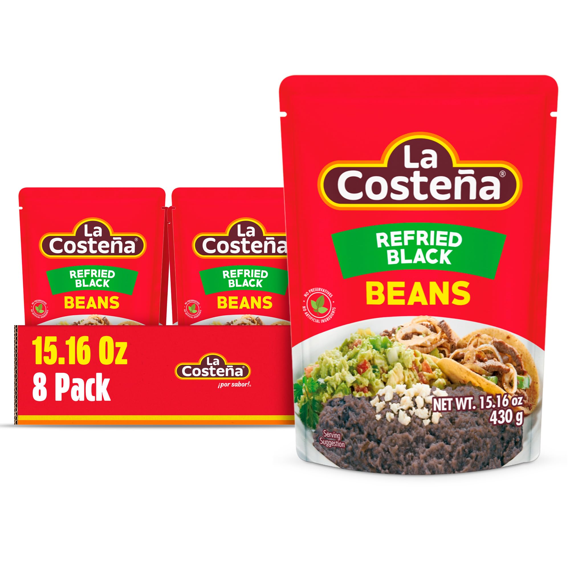 La Costeña Refried Black Beans - 60 Second Microwave Ready to Eat Meals for Mexican Food, Mexican Rice, Nacho Bean Dip, Bean Burrito, Burger, Carne Asada, Fajita & Taco Seasoning - 15.16oz, 8 Pack