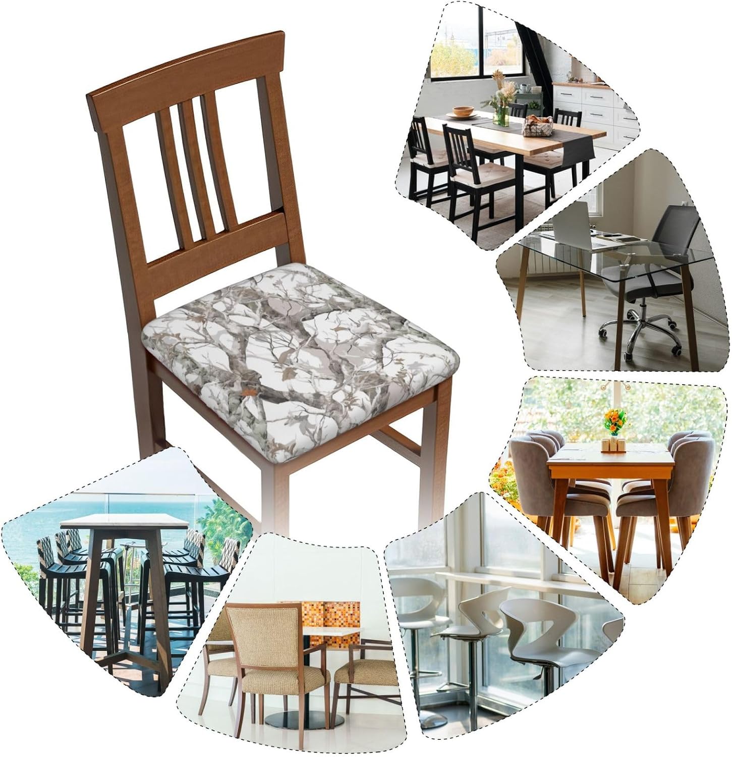 White Tree Camouflage Print Square Cushion Covers 6 Pcs Set Elastic Non-Slip Seat Cushion Slipcovers Pet Furniture Protectors for Chair, Sofa