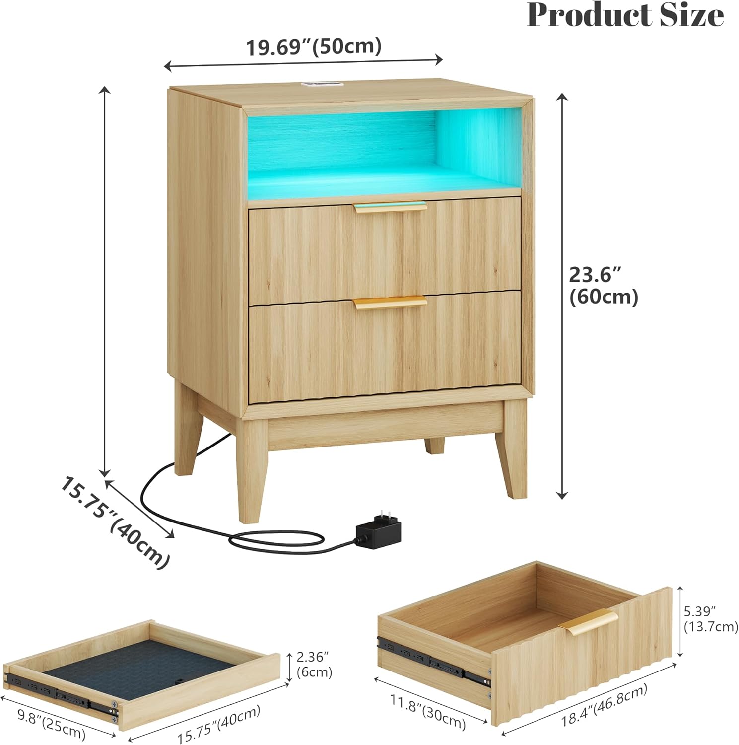 LVSOMT 20'W Fluted Nightstand, Night Stand with Charging Station and LED Lights, RFID Lock Hidden Drawer, Mid Century Morden Bedside Table for Bedroom, 2 Drawers and Open Storage Cubby, Natural Oak