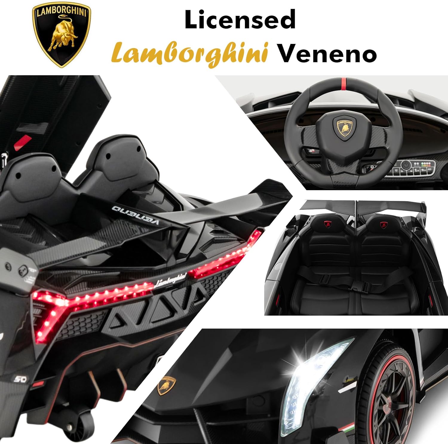 OLAKIDS 2 Seater Kids Ride On Car, 12V 4WD Licensed Lamborghini Veneno Electric Vehicle with Remote Control, Toddlers Battery Powered Toy Gift with 2 Speeds, Rocking Mode, Music, USB, MP3 (Black)