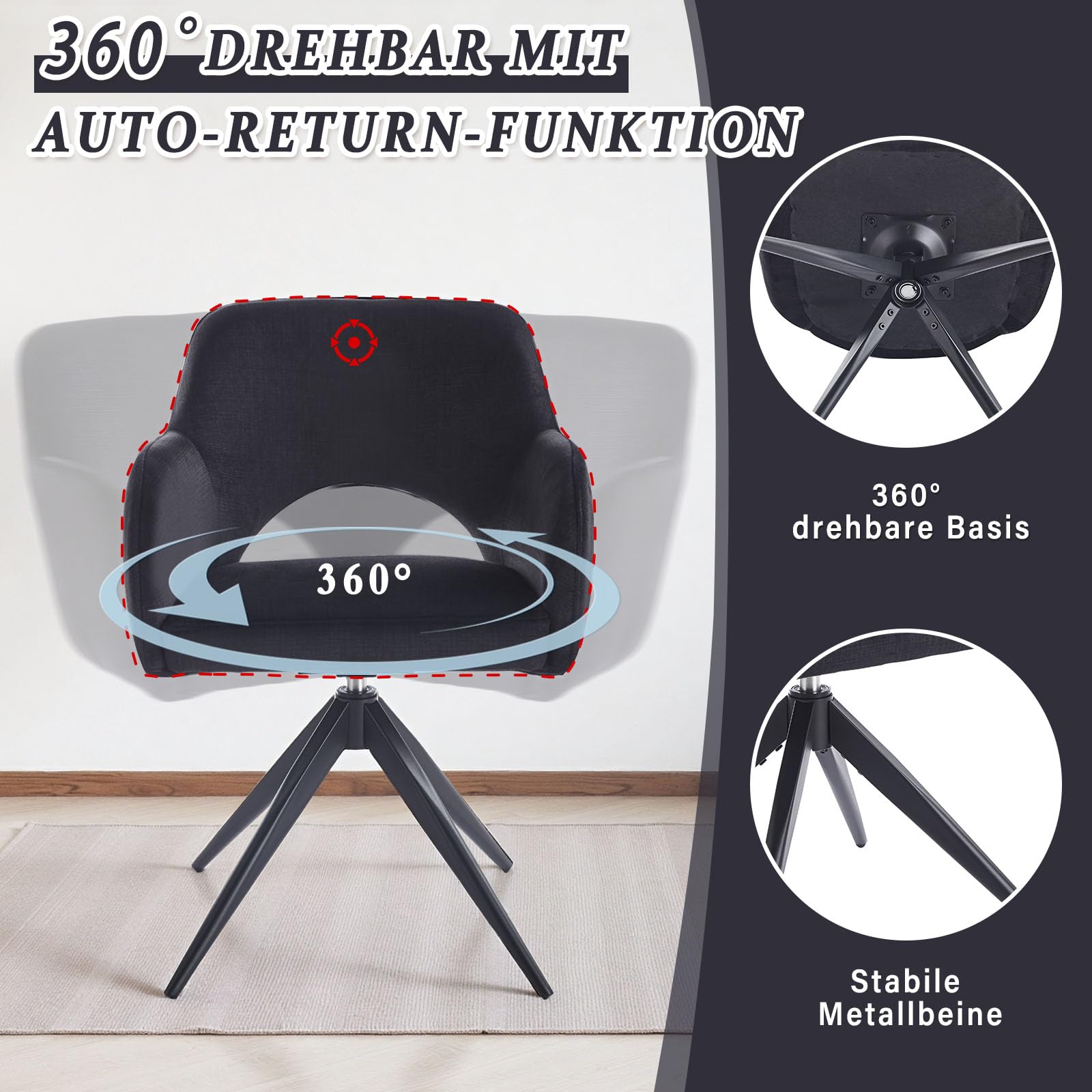 4er Set Drehbare Esszimmerstühle mit Armlehne – 360° Samt Polsterstuhl mit Auto-Return Funktion, Gepolstert, Schwarze Metallbeine, für Esszimmer & Küche