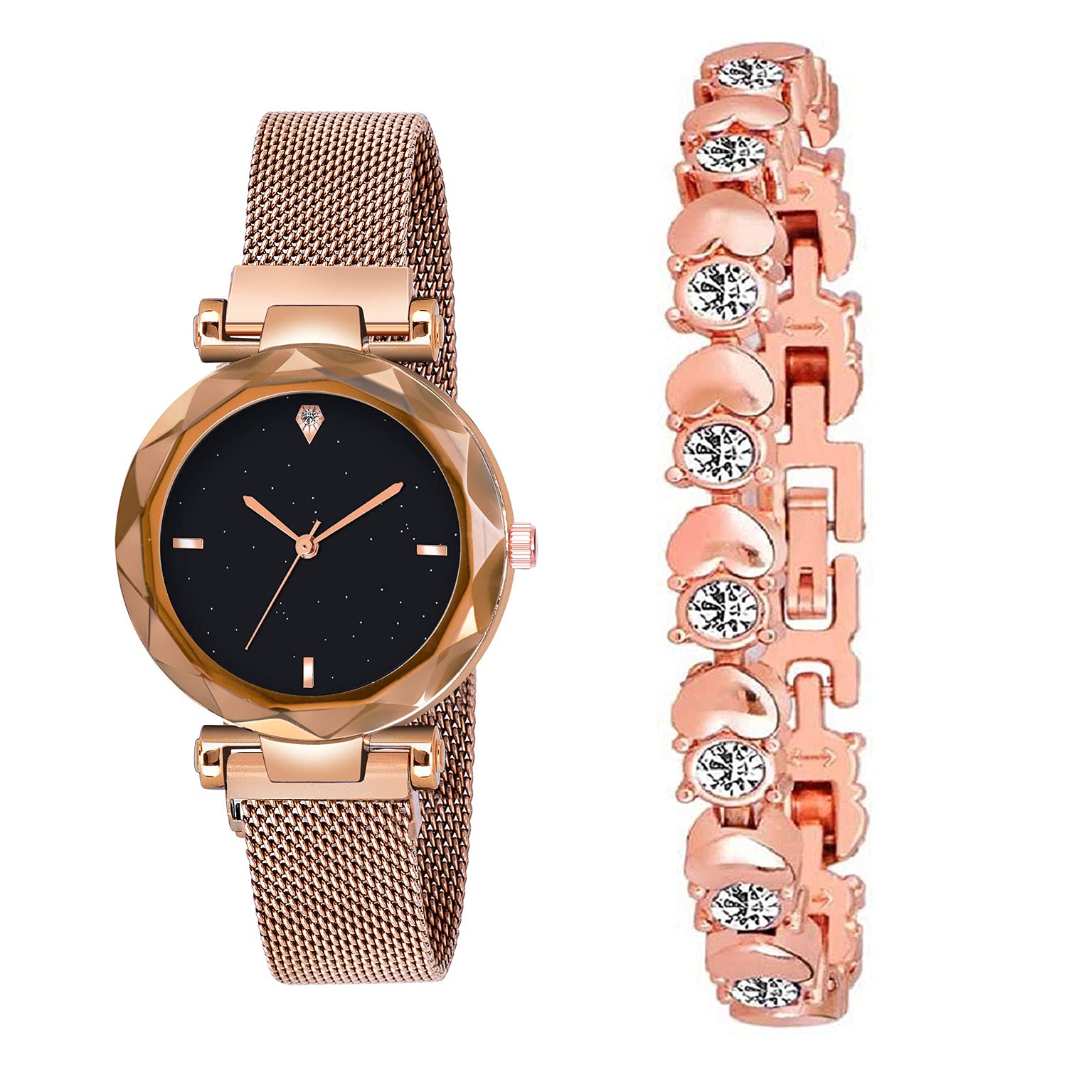 Shunya New Luxury Rose Gold Heart Stylish Bracelet & Magnet Strep Black Dial Watch Combo Pack-02 Analog Watch - for Girls (B09B51K9BQ) Amazon Price History, Amazon Price Tracker