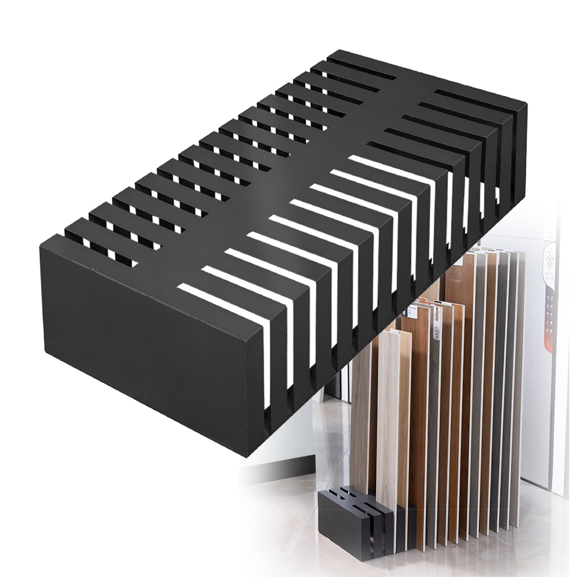 Jkjzsalj Black Metal Display Stand For Tile Samples - 28 Slot Rack For Porcelain & Ceramic Tiles Wooden Floor Holder Ideal For Retail Counter & Vendor Showrooms,-Card Slot W0.6in(1.6Cm)