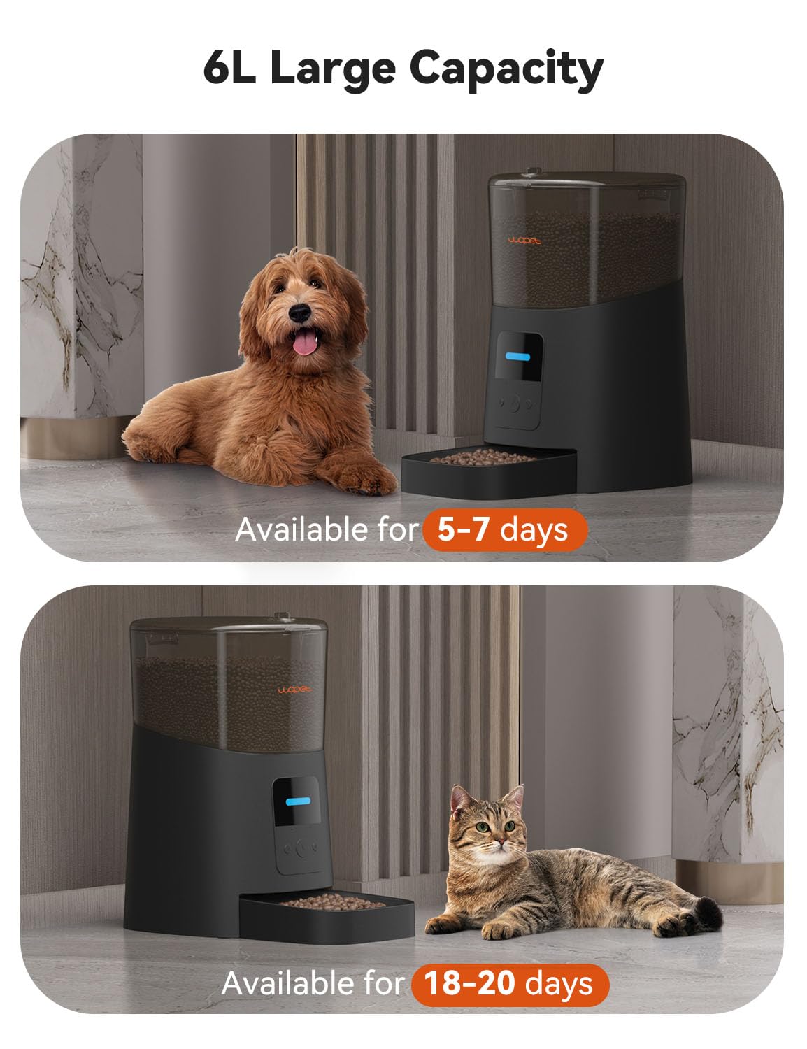 WOPET 6L Automatic Cat Feeder,Wi-Fi Enabled Smart Pet Feeder for Cats and Dogs,Auto Dog Food Dispenser with Portion Control, Distribution Alarms and Voice Recorder Up to 15 Meals per Day
