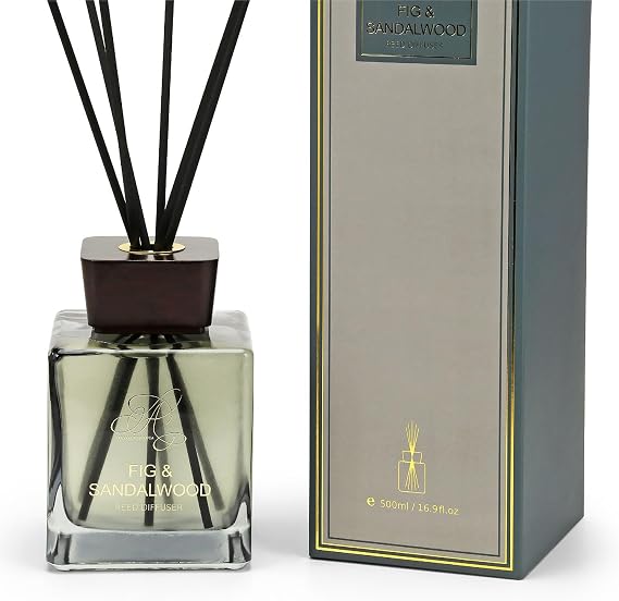 Luxury Reed Diffuser 500ml, Fig & Sandalwood Room Diffusers, Long Lasting Air Fresheners Home Fragrance, Square Glass Bottle with Black Diffuser Reeds for Home, Office, Kitchen & Bathroom
