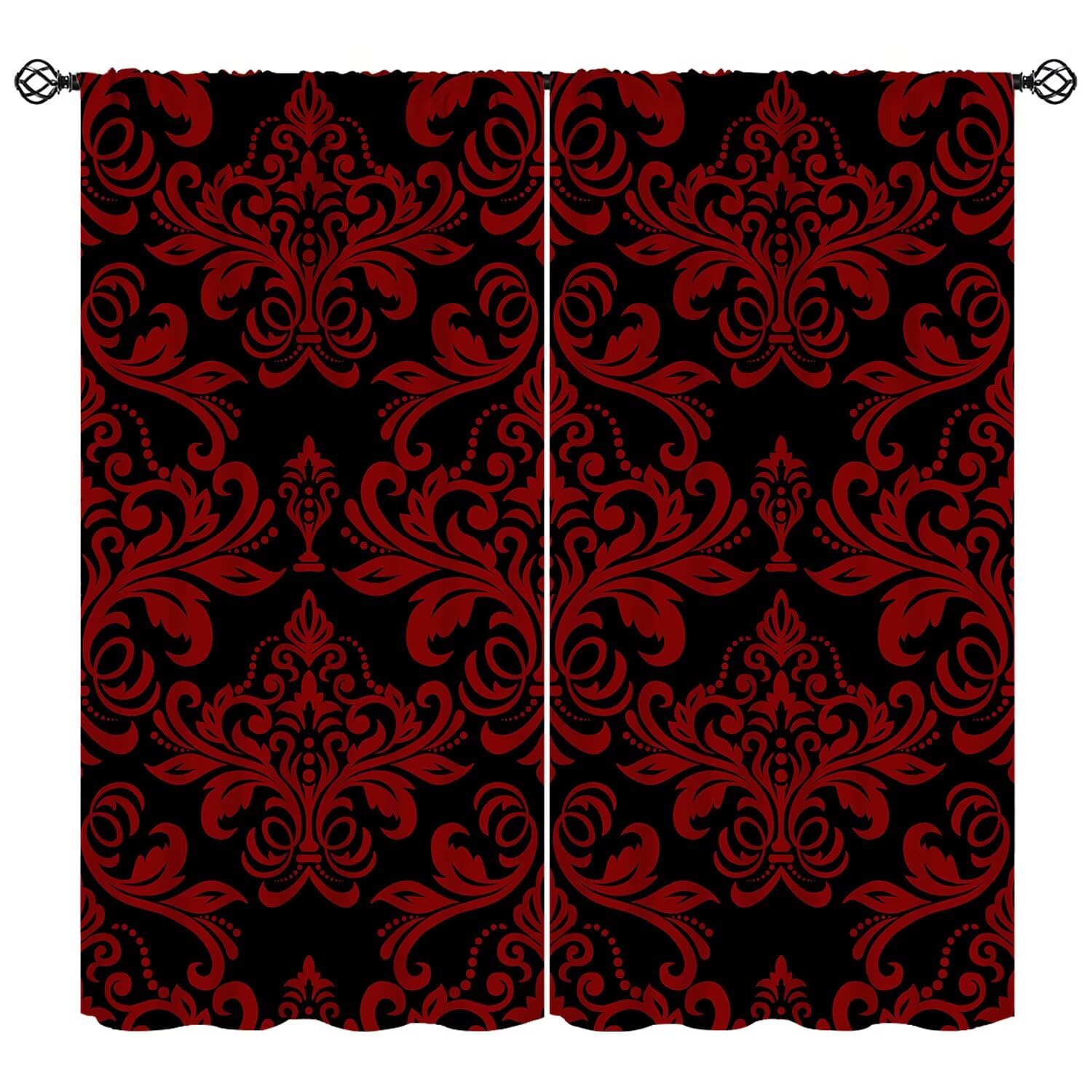 moderw Vintage Red Black Damask Floral Curtains Oriental Antique Window Treatments for Bedroom Luxury Gothic Bohemia Flowers Blackout Window Drapes for Farmhouse Living Room W84xL84in