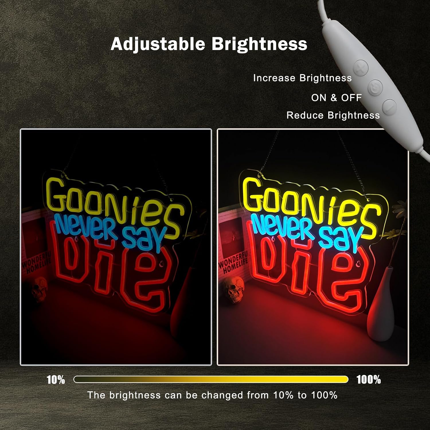 Goonies Never Say Die Neon Sign Neon Lights Ideas Inspired by Movie Dimmable Led Sign for Wall Décor,USB Powered Neon Signs for Bedroom,Man Cave,Game Room Compatible with Smart Plug image 4