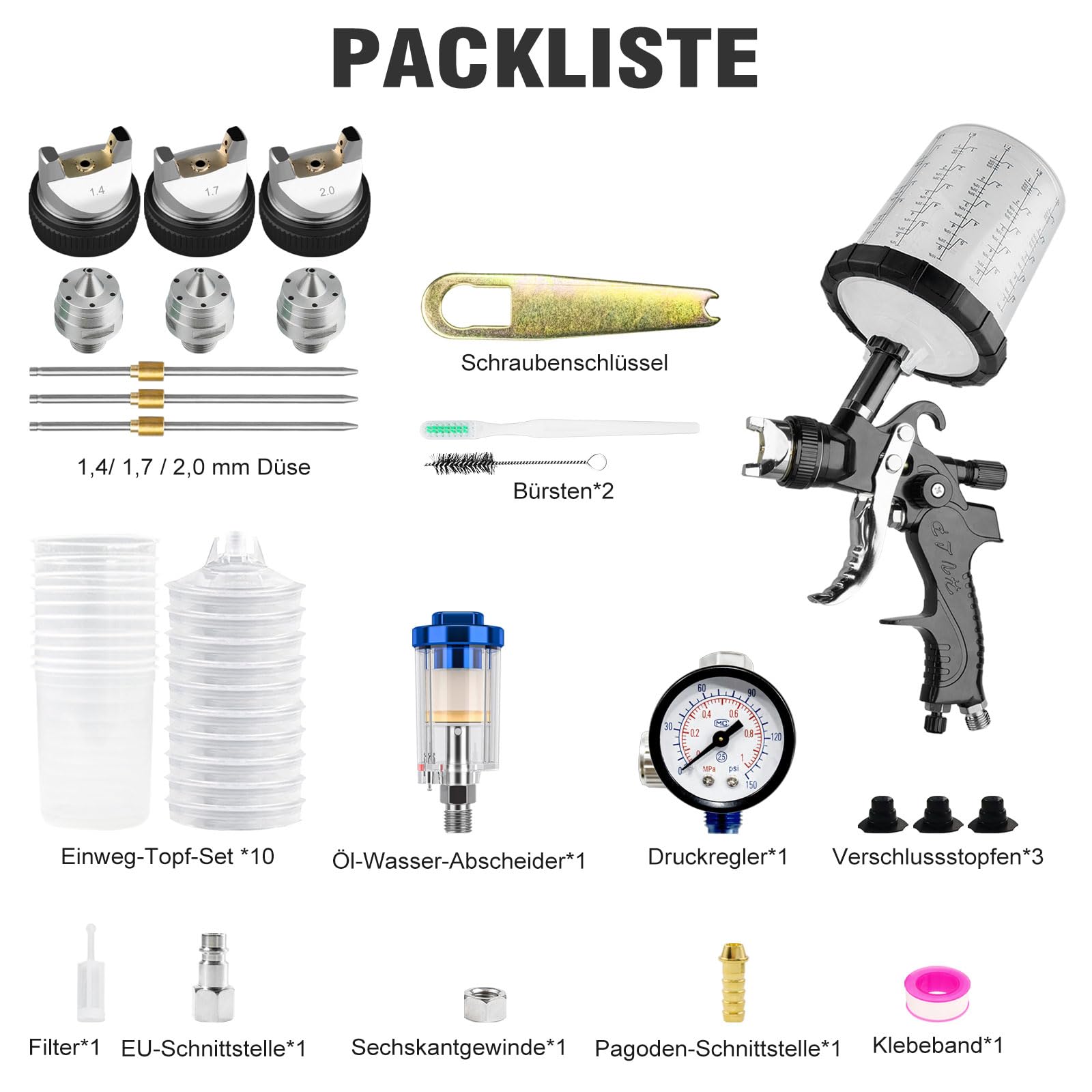 HVLP pistolet natryskowy, zestaw premium z dyszami 1,4/1,7/2,0 mm i regulatorem ciśnienia powietrza i 10 kubkami mikserskimi 650 ml, do zastosowania w samochodach (czarny)